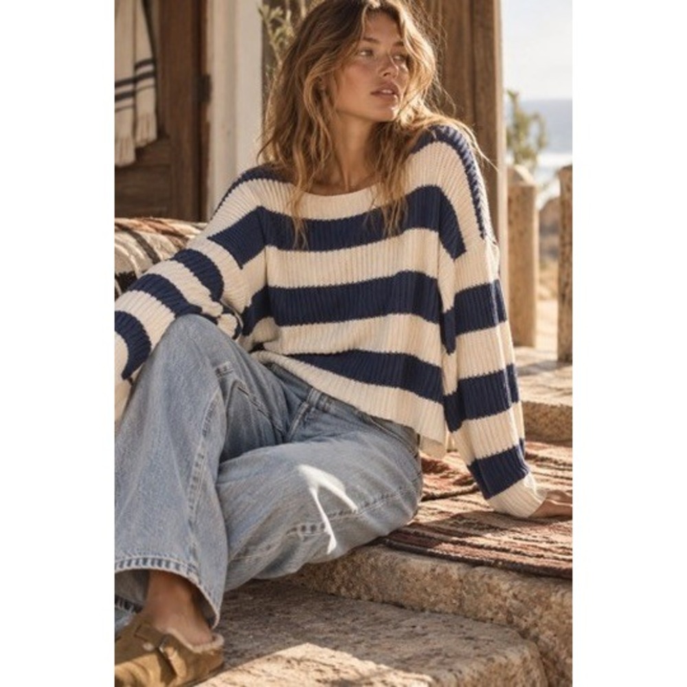 Free People Blue White Striped Ribbed Knit Cotton Boat Neck Crop Sweater Small